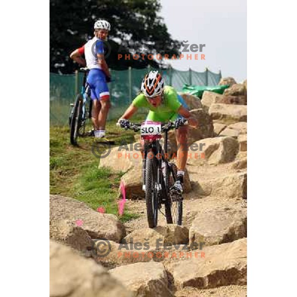 Blaza Klemencic of Slovenia during free practice session on Olympic MTB course at Hadleigh Farm near Southend on Sea,Essex during London 2012 Summer Olympic games on August 9, 2012 