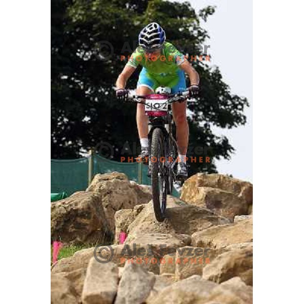 Tanja Zakelj of Slovenia during free practice session on Olympic MTB course at Hadleigh Farm near Southend on Sea,Essex during London 2012 Summer Olympic games on August 9, 2012 