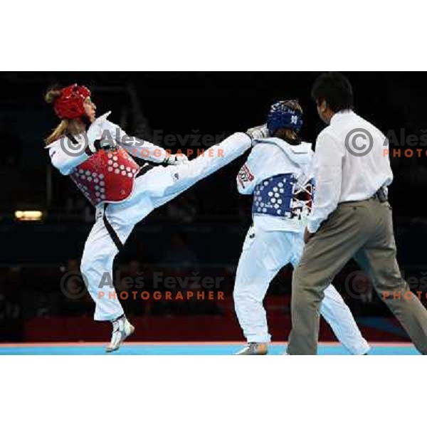 Franka Anic of Slovenia fights with Aitmukhambetova of Kazakhstan in Preliminary round of women\'s -67 kg taekwondo tournament in ExCel during London 2012 Summer Olympic Games, Great Britain on August 10, 2012 