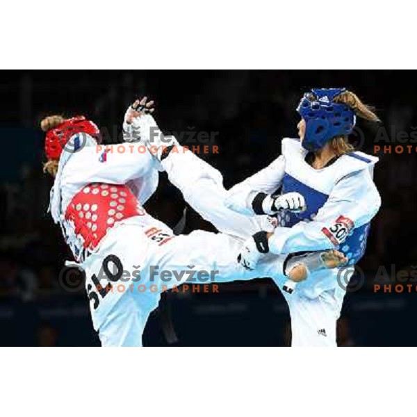 Franka Anic of Slovenia fights with Aitmukhambetova of Kazakhstan in Preliminary round of women\'s -67 kg taekwondo tournament in ExCel during London 2012 Summer Olympic Games, Great Britain on August 10, 2012 