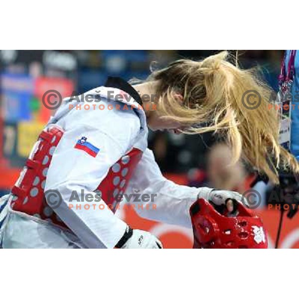 Franka Anic of Slovenia fights with Aitmukhambetova of Kazakhstan in Preliminary round of women\'s -67 kg taekwondo tournament in ExCel during London 2012 Summer Olympic Games, Great Britain on August 10, 2012 