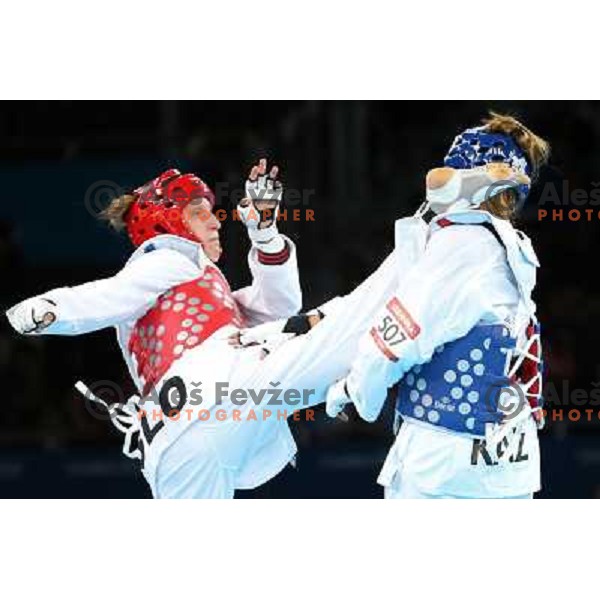 Franka Anic of Slovenia fights with Aitmukhambetova of Kazakhstan in Preliminary round of women\'s -67 kg taekwondo tournament in ExCel during London 2012 Summer Olympic Games, Great Britain on August 10, 2012 
