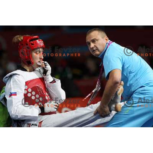 Franka Anic of Slovenia and coach Dusan Pantar in Preliminary round of women\'s -67 kg taekwondo tournament in ExCel during London 2012 Summer Olympic Games, Great Britain on August 10, 2012 
