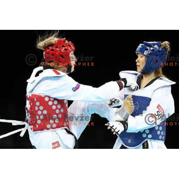 Franka Anic of Slovenia fights with Aitmukhambetova of Kazakhstan in Preliminary round of women\'s -67 kg taekwondo tournament in ExCel during London 2012 Summer Olympic Games, Great Britain on August 10, 2012 