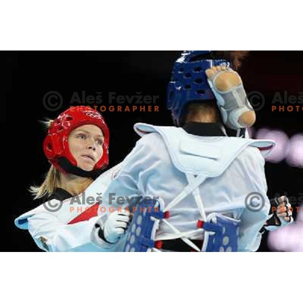 Helena Fromm of Germany fights with Hoang Chu of Vietnam in Preliminary round of women\'s -67 kg taekwondo tournament in ExCel during London 2012 Summer Olympic Games, Great Britain on August 10, 2012 