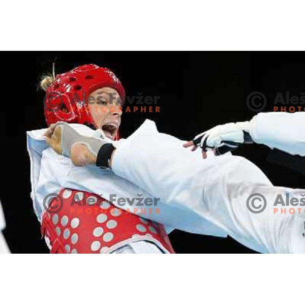 Helena Fromm of Germany fights with Hoang Chu of Vietnam in Preliminary round of women\'s -67 kg taekwondo tournament in ExCel during London 2012 Summer Olympic Games, Great Britain on August 10, 2012 