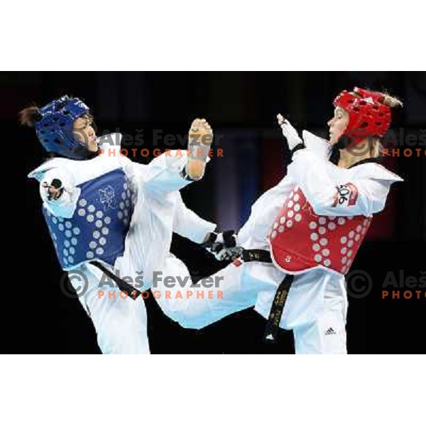 Helena Fromm of Germany fights with Hoang Chu of Vietnam in Preliminary round of women\'s -67 kg taekwondo tournament in ExCel during London 2012 Summer Olympic Games, Great Britain on August 10, 2012 