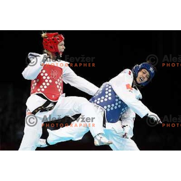 Helena Fromm of Germany fights with Hoang Chu of Vietnam in Preliminary round of women\'s -67 kg taekwondo tournament in ExCel during London 2012 Summer Olympic Games, Great Britain on August 10, 2012 