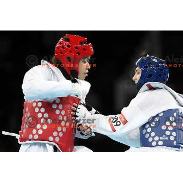 Karine Sergerie of Canada fights with Farida Azizova of Azerbaijdan in Preliminary round of women\'s -67 kg taekwondo tournament in ExCel during London 2012 Summer Olympic Games, Great Britain on August 10, 2012 