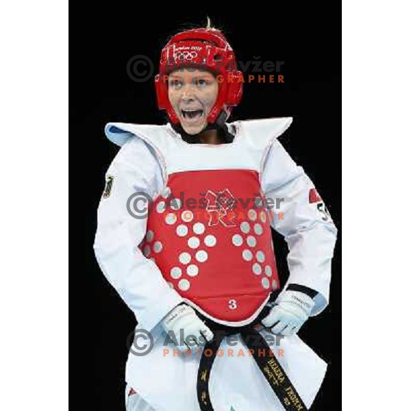 Helena Fromm of Germany fights with Hoang Chu of Vietnam in Preliminary round of women\'s -67 kg taekwondo tournament in ExCel during London 2012 Summer Olympic Games, Great Britain on August 10, 2012 