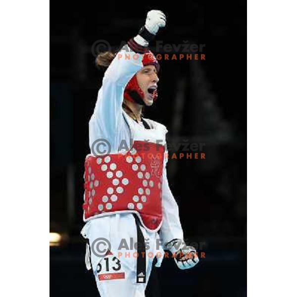 Franka Anic of Slovenia fights with Aitmukhambetova of Kazakhstan in Preliminary round of women\'s -67 kg taekwondo tournament in ExCel during London 2012 Summer Olympic Games, Great Britain on August 10, 2012 