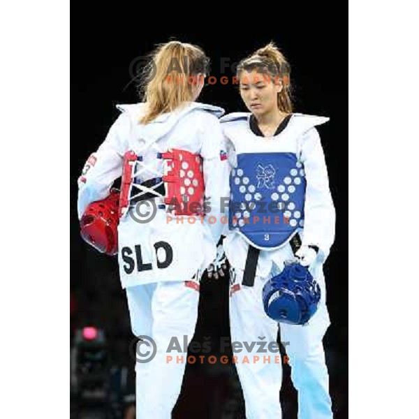 Franka Anic of Slovenia fights with Aitmukhambetova of Kazakhstan in Preliminary round of women\'s -67 kg taekwondo tournament in ExCel during London 2012 Summer Olympic Games, Great Britain on August 10, 2012 