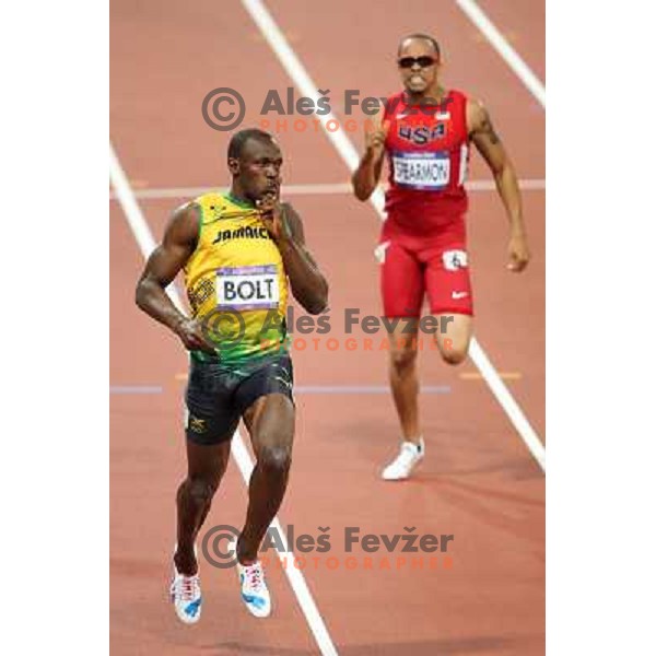 Usain Bolt of Jamaica, olympic gold medalist at 200 meters runs at Olympic stadium during London 2012 Summer Olympic games, GB on August 9, 2012 