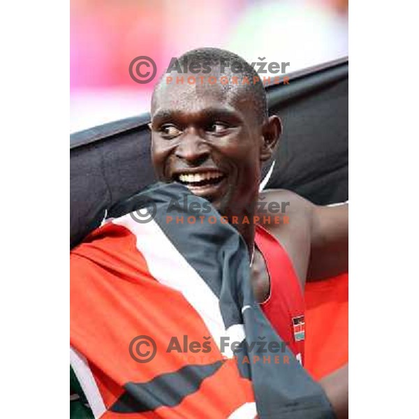 David Lekuta Rudisha of Kenya, olympic gold medalist and new world record holder at 800 meters celebrates at Olympic stadium during London 2012 Summer Olympic games, GB on August 9, 2012 