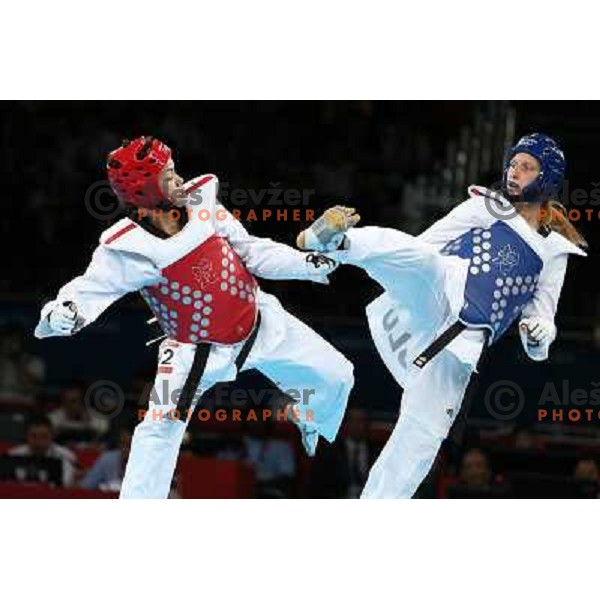 Karine Sergerie of Canada fights with Franka Anic of Slovenia in quarter-final of women\'s -67 kg taekwondo tournament in ExCel during London 2012 Summer Olympic Games, Great Britain on August 10, 2012 