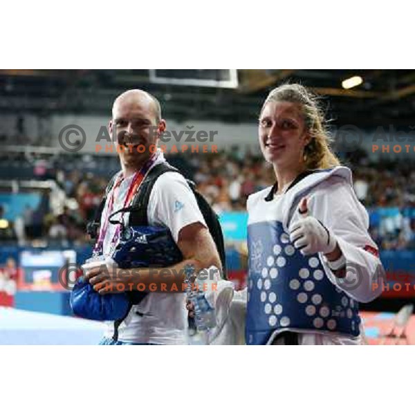  Franka Anic of Slovenia celebrates victory in quarter-final of women\'s -67 kg taekwondo tournament in ExCel during London 2012 Summer Olympic Games, Great Britain on August 10, 2012 