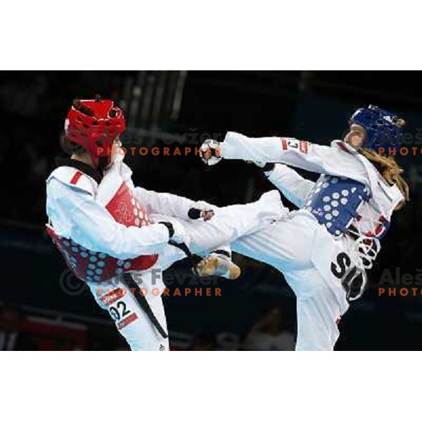 Karine Sergerie of Canada fights with Franka Anic of Slovenia in quarter-final of women\'s -67 kg taekwondo tournament in ExCel during London 2012 Summer Olympic Games, Great Britain on August 10, 2012 