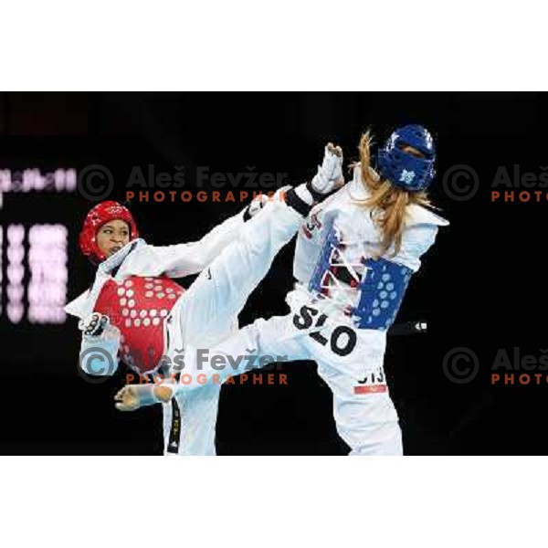 Franka Anic of Slovenia fights with Paige Mcpherson of USA in bronze medal match of women\'s -67 kg taekwondo tournament in ExCel during London 2012 Summer Olympic Games, Great Britain on August 10, 2012 