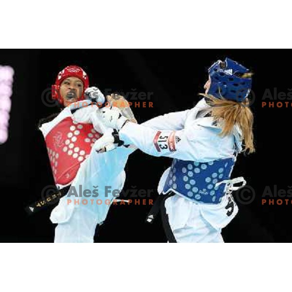 Franka Anic of Slovenia fights with Paige Mcpherson of USA in bronze medal match of women\'s -67 kg taekwondo tournament in ExCel during London 2012 Summer Olympic Games, Great Britain on August 10, 2012 