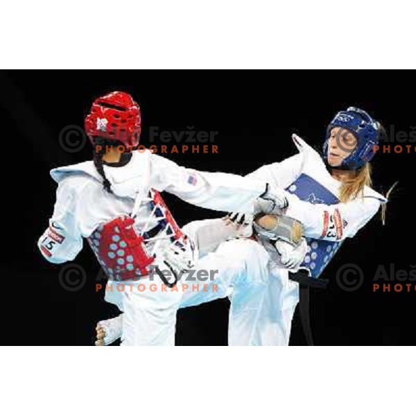 Franka Anic of Slovenia fights with Paige Mcpherson of USA in bronze medal match of women\'s -67 kg taekwondo tournament in ExCel during London 2012 Summer Olympic Games, Great Britain on August 10, 2012 