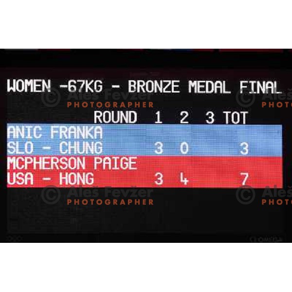 Franka Anic of Slovenia fights with Paige Mcpherson of USA in bronze medal match of women\'s -67 kg taekwondo tournament in ExCel during London 2012 Summer Olympic Games, Great Britain on August 10, 2012 