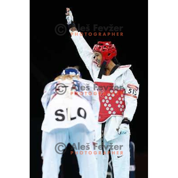 Paige Mcpherson of USA celebrates bronze medal of women\'s -67 kg taekwondo tournament in ExCel during London 2012 Summer Olympic Games, Great Britain on August 10, 2012 