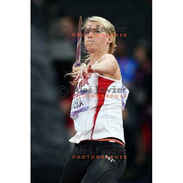 Madara Palameika of Latvia competes in the final of women\'s javelin throw at Olympic stadium during London 2012 Summer Olympic games, GB on August 9, 2012 