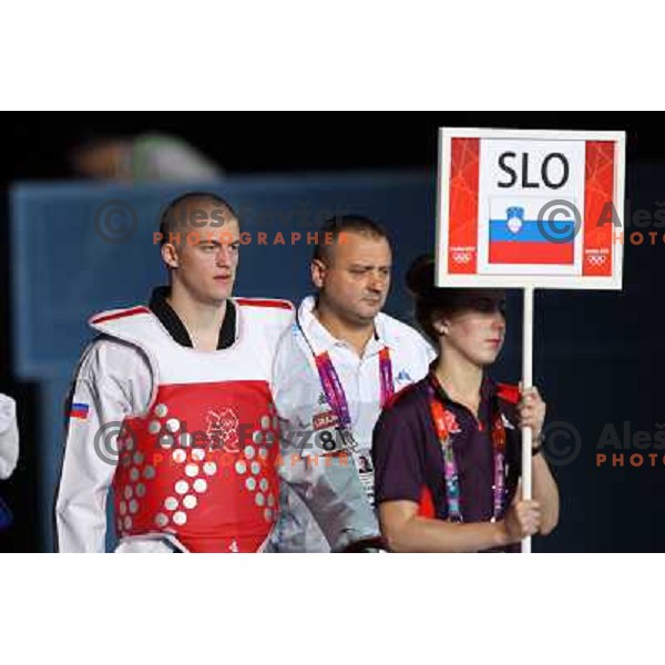 Ivan Konrad Trajkovic of Slovenia fights in Preliminary round of men\'s +80 kg taekwondo tournament in ExCel during London 2012 Summer Olympic Games, Great Britain on August 11, 2012 