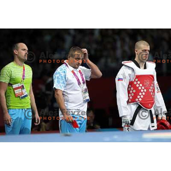 Ivan Konrad Trajkovic of Slovenia fights in Preliminary round of men\'s +80 kg taekwondo tournament in ExCel during London 2012 Summer Olympic Games, Great Britain on August 11, 2012 