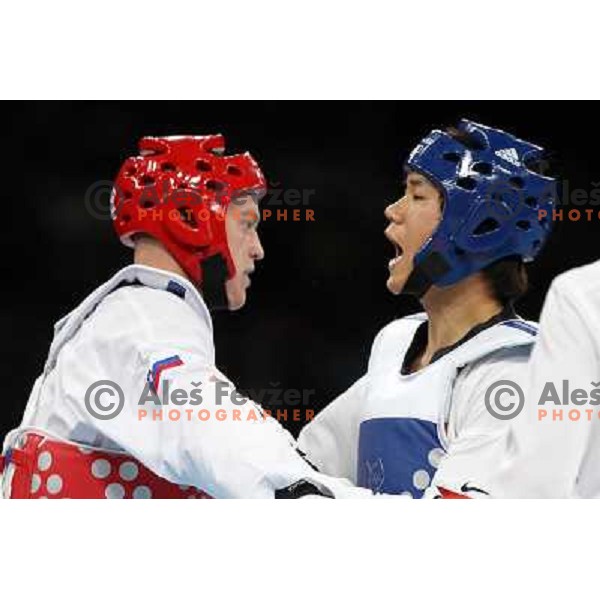 Ivan Konrad Trajkovic of Slovenia fights in Preliminary round of men\'s +80 kg taekwondo tournament in ExCel during London 2012 Summer Olympic Games, Great Britain on August 11, 2012 