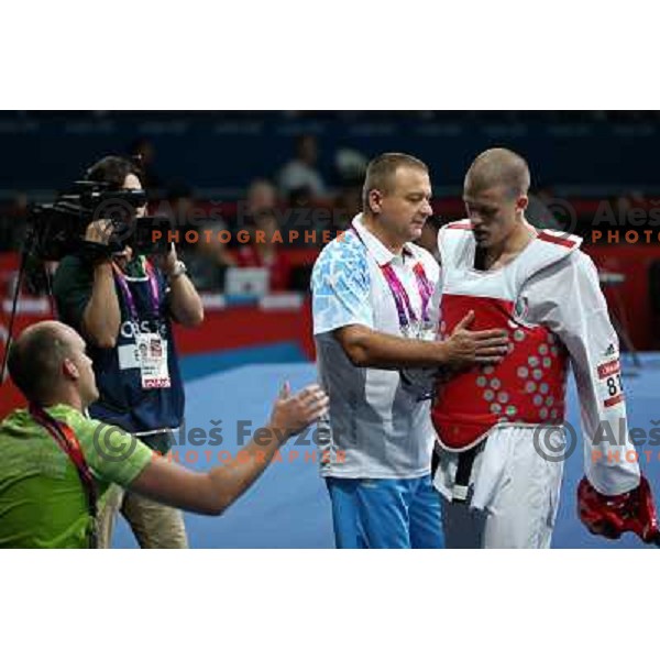 Ivan Konrad Trajkovic of Slovenia fights in Preliminary round of men\'s +80 kg taekwondo tournament in ExCel during London 2012 Summer Olympic Games, Great Britain on August 11, 2012 