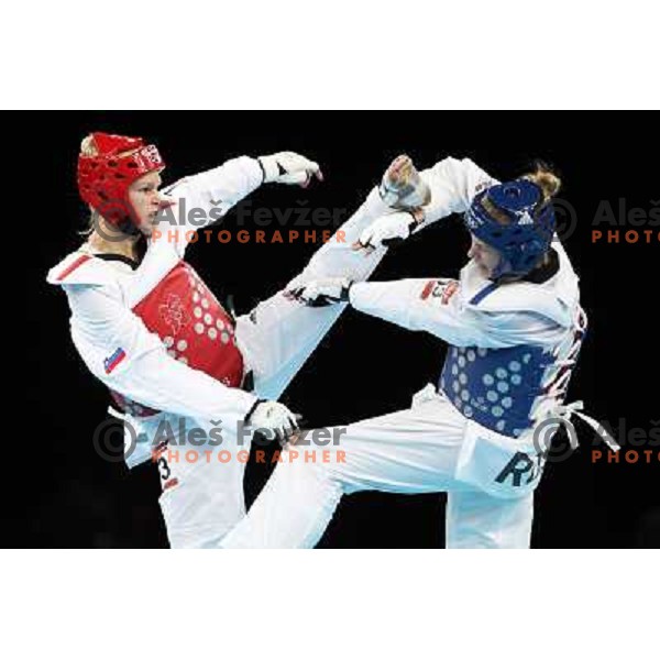 Nusa Rajher of Slovenia fights in quarter-final of women\'s +67 kg taekwondo tournament in ExCel during London 2012 Summer Olympic Games, Great Britain on August 11, 2012 