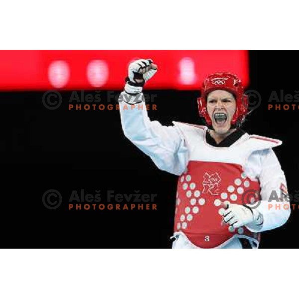 Nusa Rajher of Slovenia fights in quarter-final of women\'s +67 kg taekwondo tournament in ExCel during London 2012 Summer Olympic Games, Great Britain on August 11, 2012 