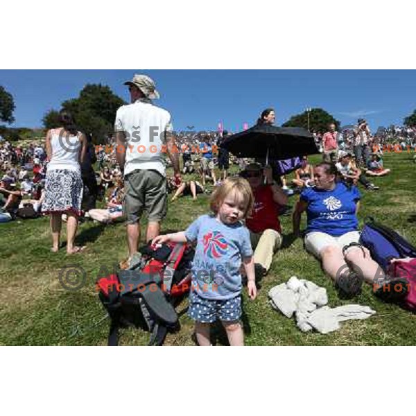 Record crowd of fans and spectators watching action during women\'s cross country race at Hadleigh farm near Southend-on-Sea during London 2012 Summer Olympic Games, Great Britain on August 11, 2012 