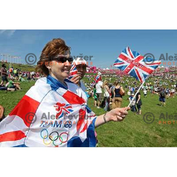 Record crowd of fans and spectators watching action during women\'s cross country race at Hadleigh farm near Southend-on-Sea during London 2012 Summer Olympic Games, Great Britain on August 11, 2012 