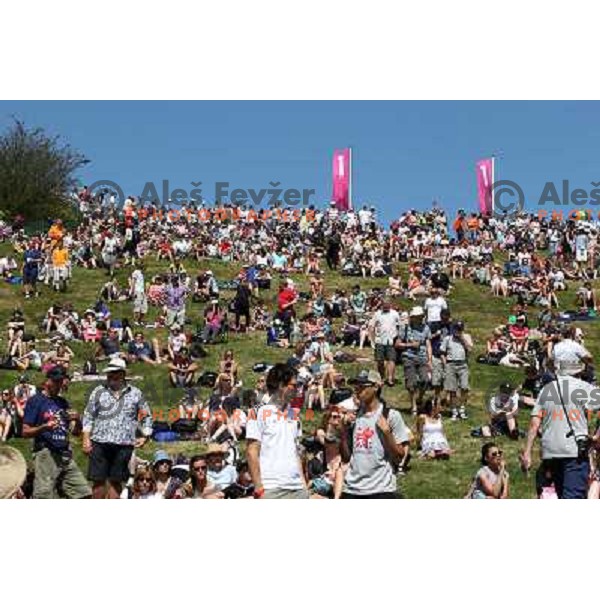 Record crowd of fans and spectators watching action during women\'s cross country race at Hadleigh farm near Southend-on-Sea during London 2012 Summer Olympic Games, Great Britain on August 11, 2012 
