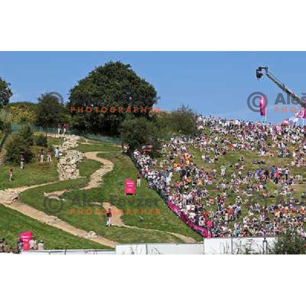 Record crowd of fans and spectators watching action during women\'s cross country race at Hadleigh farm near Southend-on-Sea during London 2012 Summer Olympic Games, Great Britain on August 11, 2012 