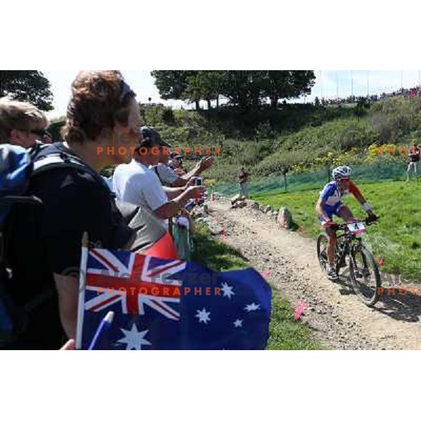 Julie Bresset of France, Olympic gold medalist at women\'s cross country race at Hadleigh farm near Southend-on-Sea during London 2012 Summer Olympic Games, Great Britain on August 11, 2012 