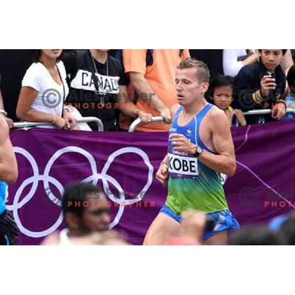 Primoz Kobe of Slovenia runs at Men\'s marathon on the streets of London during 2012 Summer Olympic Games, Great Britain on August 12, 2012 
