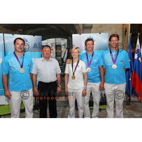 Primoz Kozmus, Zoran Jankovic, Urska Zolnir, Iztok Cop, Luka Spik at Reception for Slovenia Olympic team from London 2012 Olympic games held by Mayor of Ljubljana at Town Hall, Ljubljana on August 14, 2012 