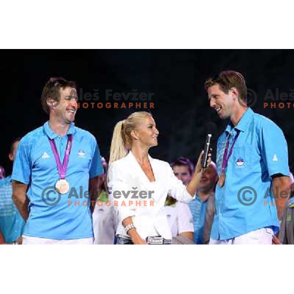 Iztok Cop and Luka Spik during Reception for Slovenia Olympic team from London 2012 Olympic games at Congress Square in Ljubljana on August 14, 2012 