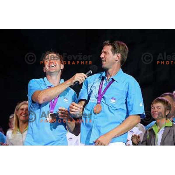 Iztok Cop and Luka Spik during Reception for Slovenia Olympic team from London 2012 Olympic games at Congress Square in Ljubljana on August 14, 2012 