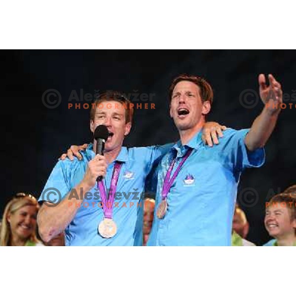 Iztok Cop and Luka Spik during Reception for Slovenia Olympic team from London 2012 Olympic games at Congress Square in Ljubljana on August 14, 2012 