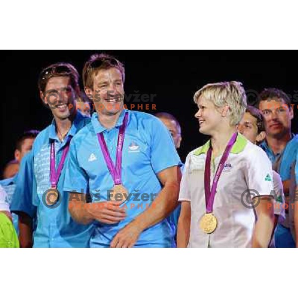 Iztok Cop, Luka Spik, Urska Zolnir during Reception for Slovenia Olympic team from London 2012 Olympic games at Congress Square in Ljubljana on August 14, 2012 