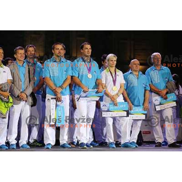Primoz Kozmus,Urska Zolnir during Reception for Slovenia Olympic team from London 2012 Olympic games at Congress Square in Ljubljana on August 14, 2012 