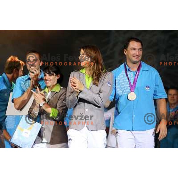 Sasa Golob, Sara Isakovic,Primoz Kozmus during Reception for Slovenia Olympic team from London 2012 Olympic games at Congress Square in Ljubljana on August 14, 2012 
