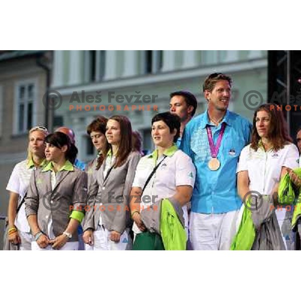 Lucija Polavder, Luka Spik,Rasa Sraka during Reception for Slovenia Olympic team from London 2012 Olympic games at Congress Square in Ljubljana on August 14, 2012 