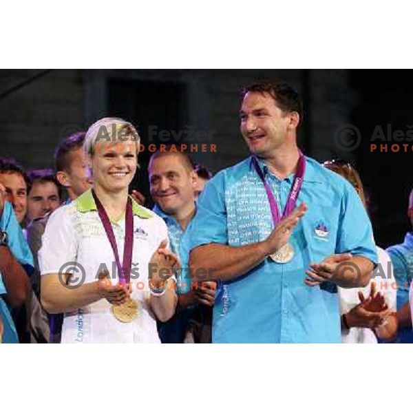 Urska Zolnir, Primoz Kozmus during Reception for Slovenia Olympic team from London 2012 Olympic games at Congress Square in Ljubljana on August 14, 2012 