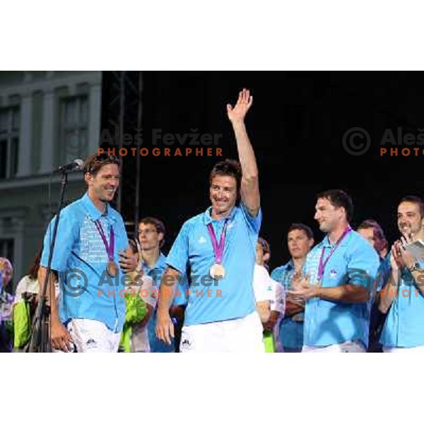 Iztok Cop and Luka Spik during Reception for Slovenia Olympic team from London 2012 Olympic games at Congress Square in Ljubljana on August 14, 2012 