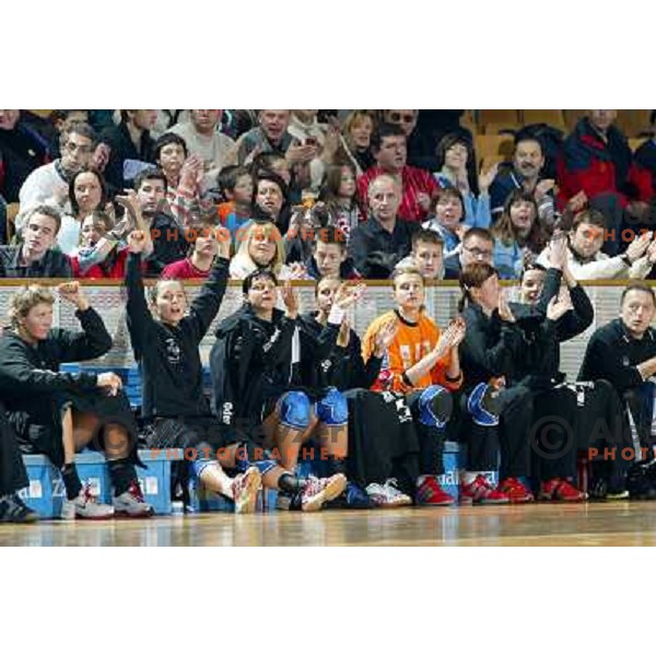 Krim Mercator players at the bench during women\'s EHF Championsleague game Krim Mercator-Dynamo Volgograd in Ljubljana, Slovenia. Krim Mercator won 41-34. Photo by Ales Fevzer